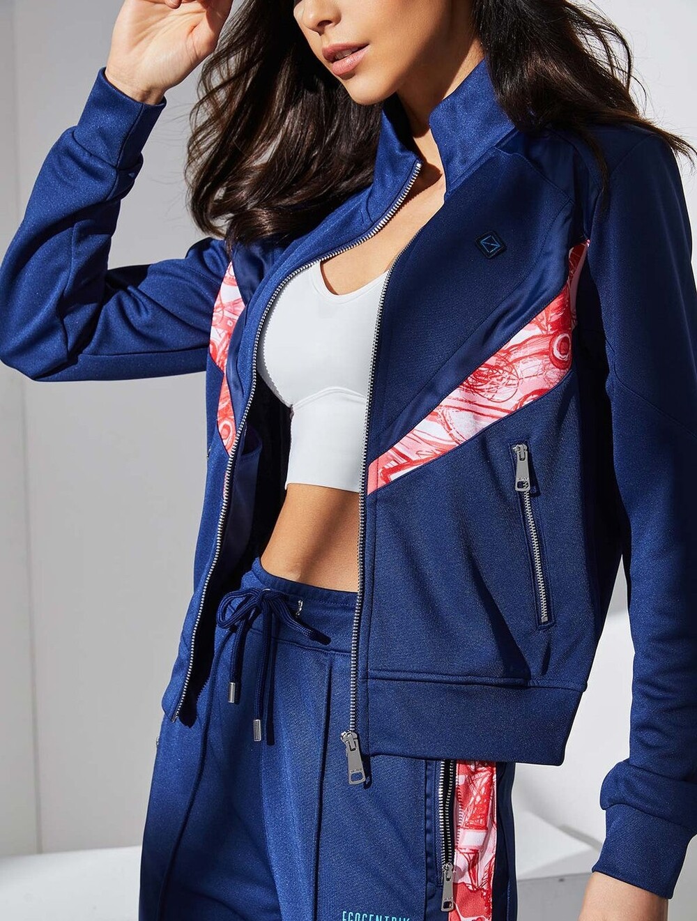 Egocentrik Paris Women's Blue Track Jacket with Contrast Chevron Accent